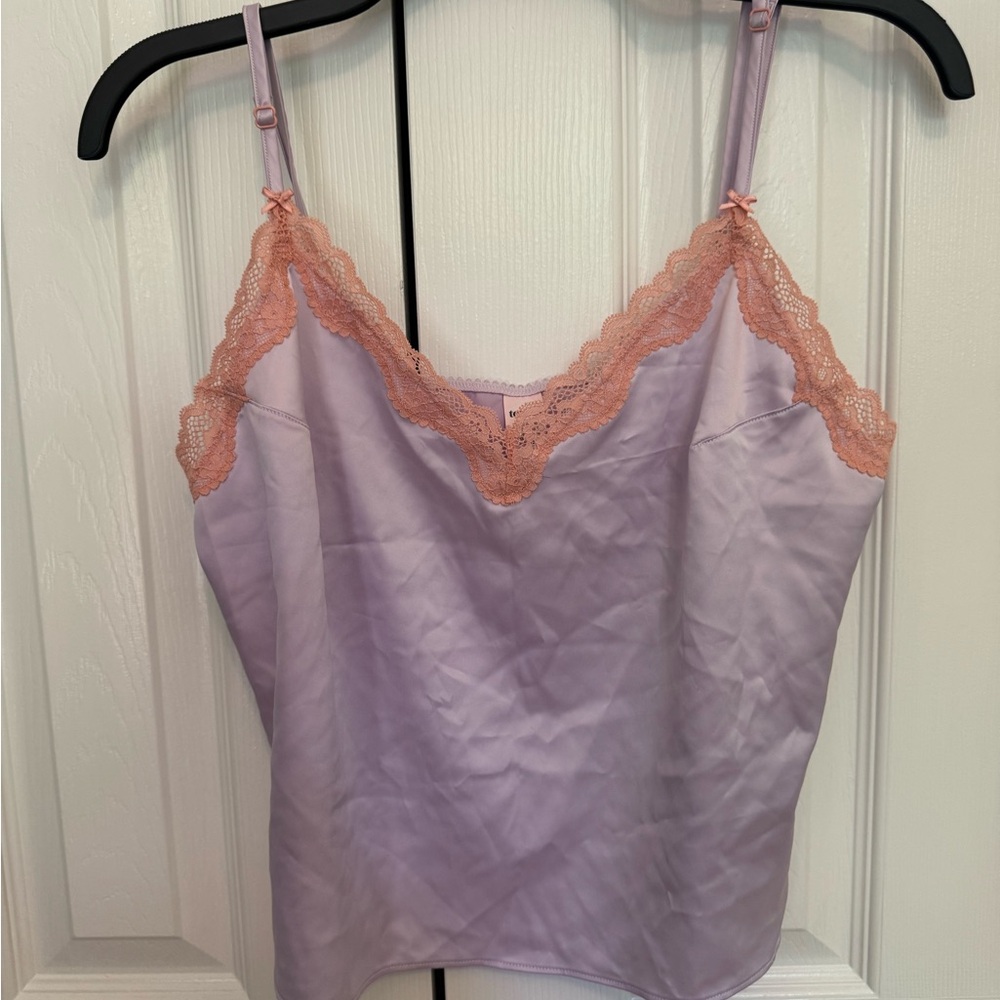 Victoria's Secret tease Lavender Satin Cami with Peach Lace Trim